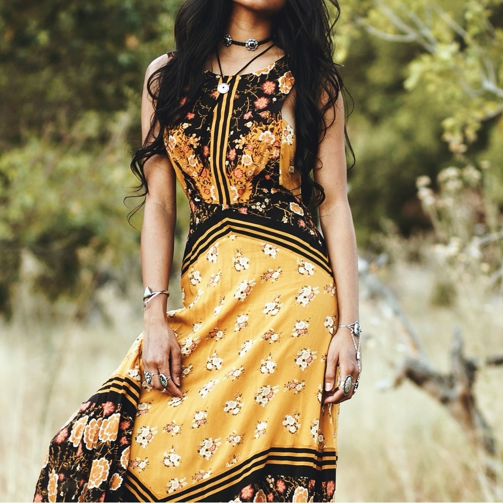 Free People - Orange and Black Floral Cutout Maxi Dress